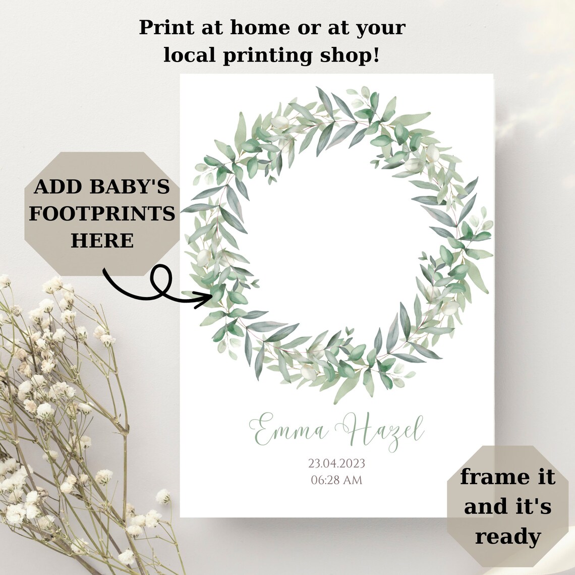 Custom Watercolor Sage Wreath Newborn Footprint Art Print - Image 3