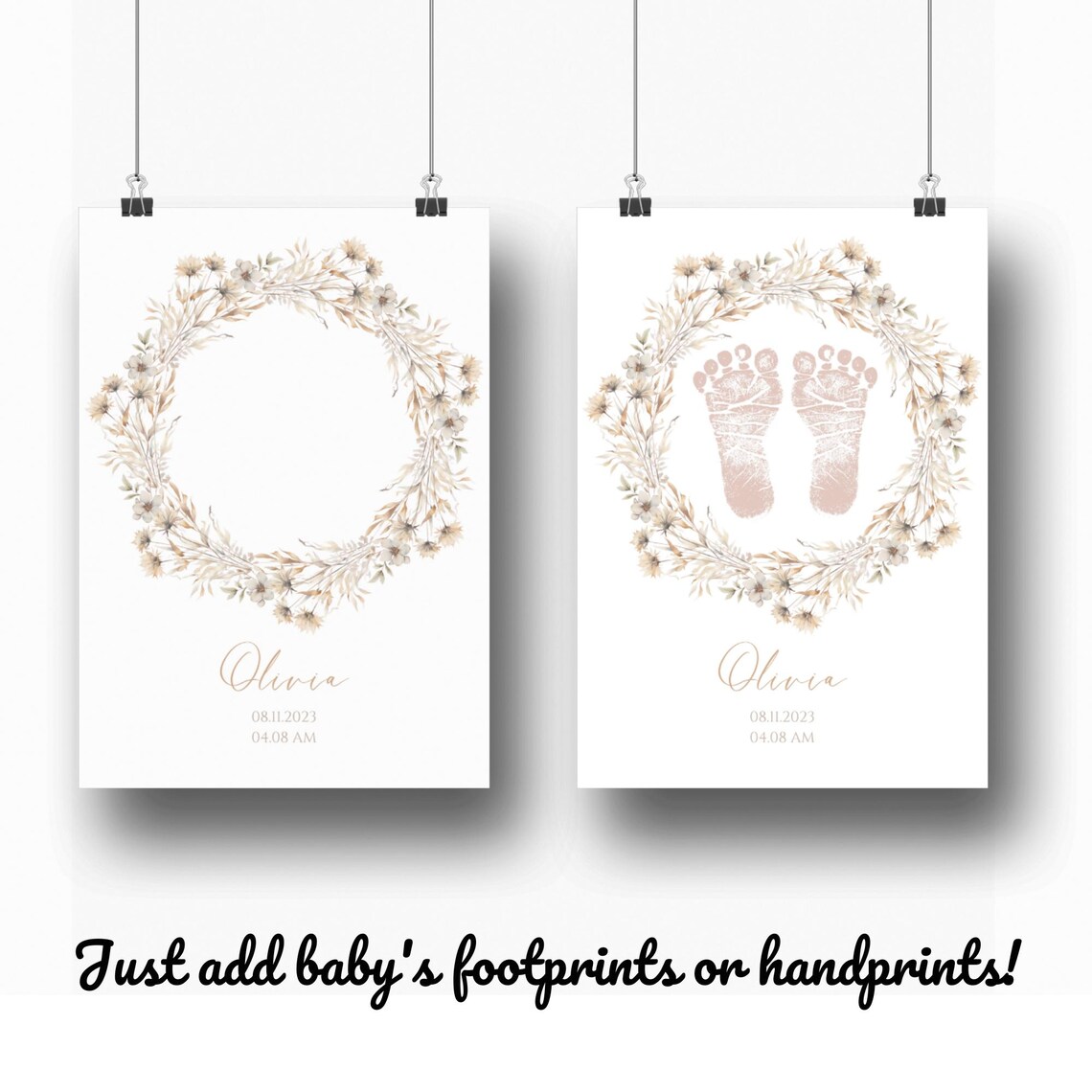 Floral Beige Baby Footprints Keepsake, Nursery Design - Image 2
