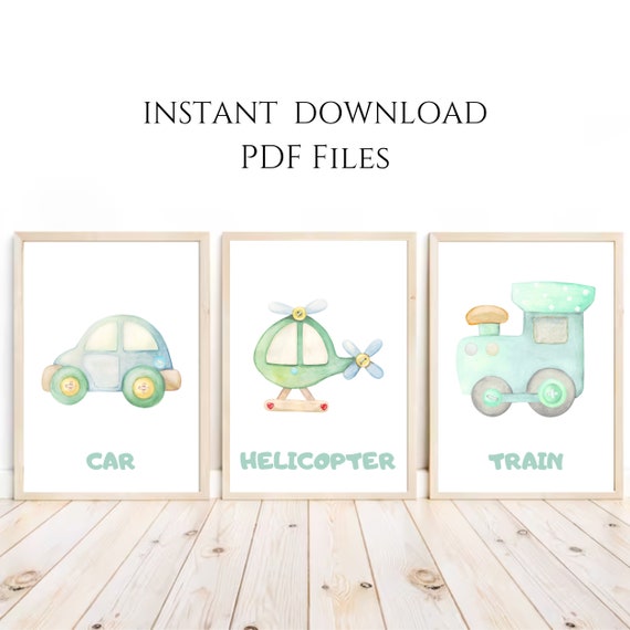 Vehicle Nursery Prints Construction Baby Boy Room Decor Kids Gallery Wall Art Truck Posters Watercolor Transportation Set