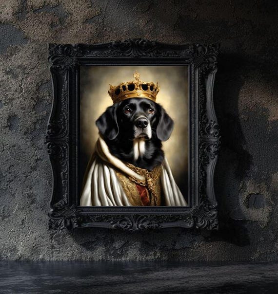 King Dog With Crown Fantasy Dark Academia Renaissance Portrait Animal Black White Classy Royalty Victorian Art Picture Painting Print