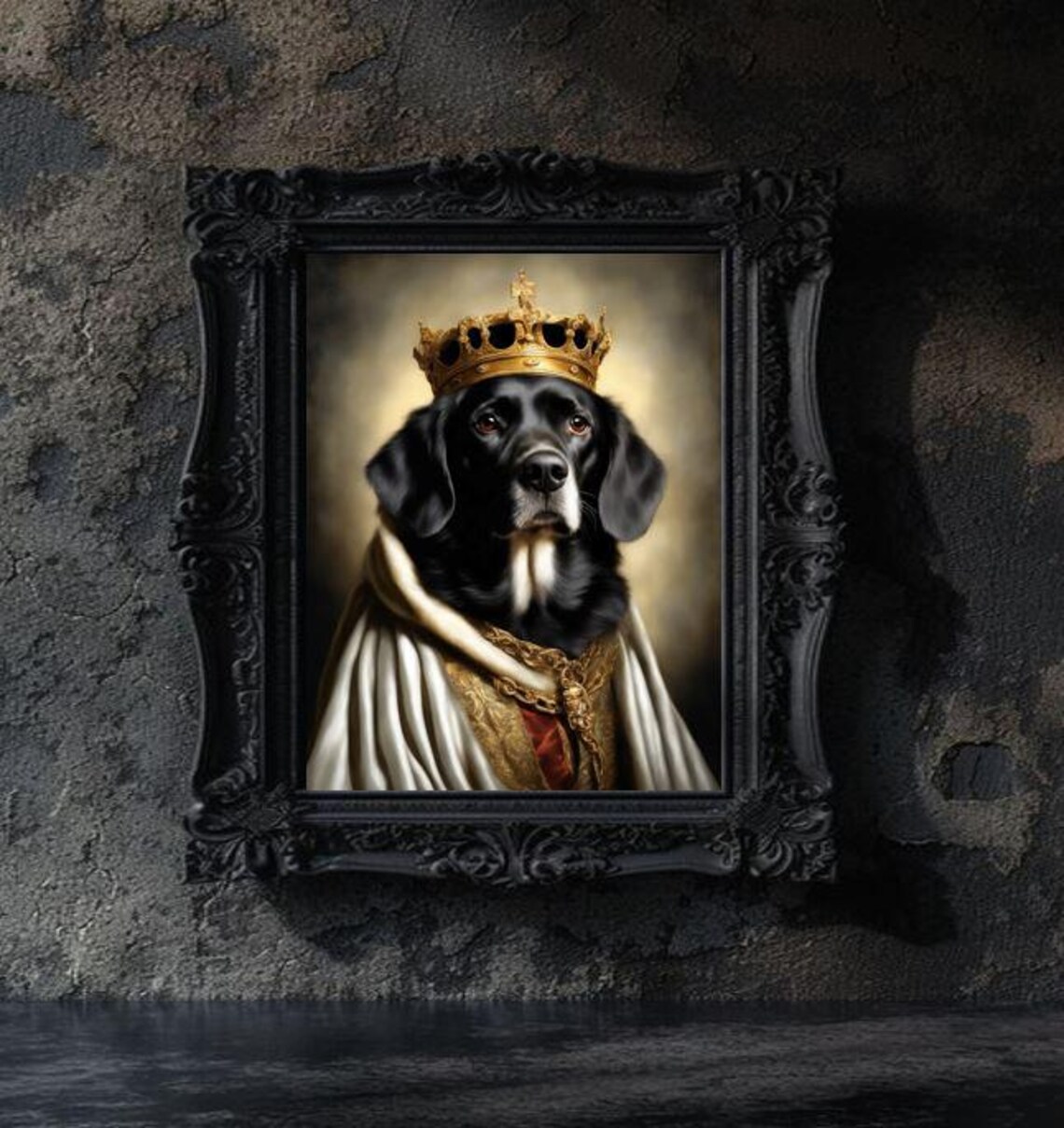 Regal Black Dog Crown Portrait Royal Robe Dark Academia Poster