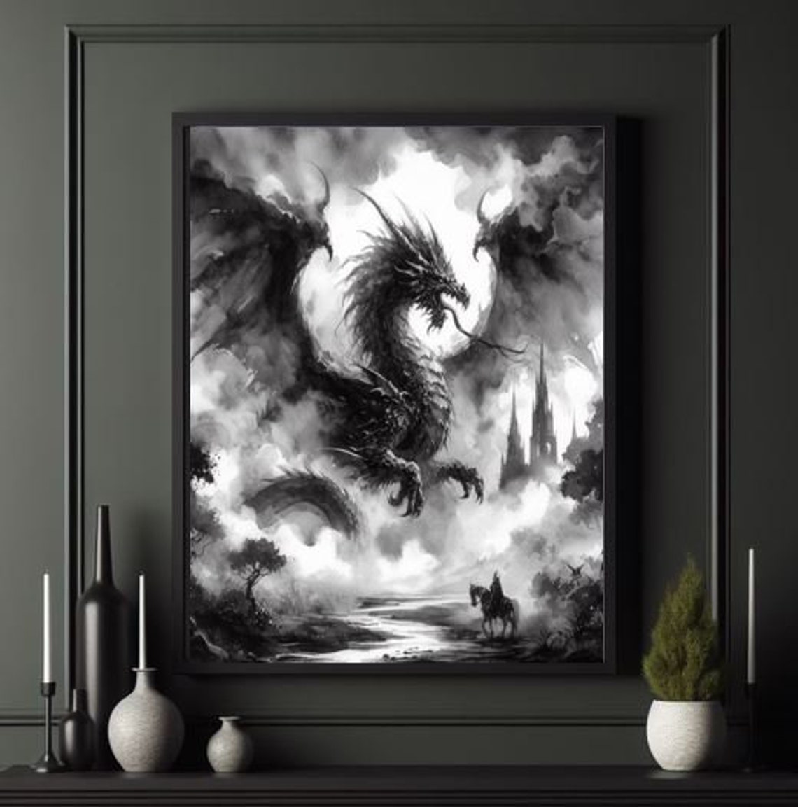 Black And White Dragon Castle Knight Ink Wash Fantasy Art Poster