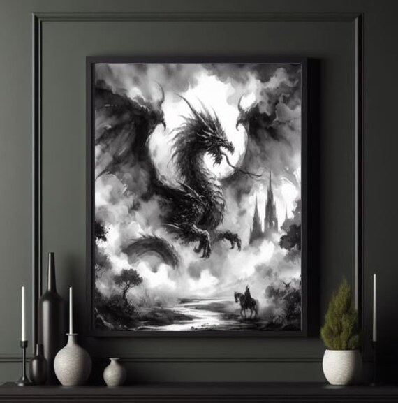 Medieval Dragon Castle Knight Warrior Fantasy Battle Misty Fog Watercolor Painting Print Black White Art