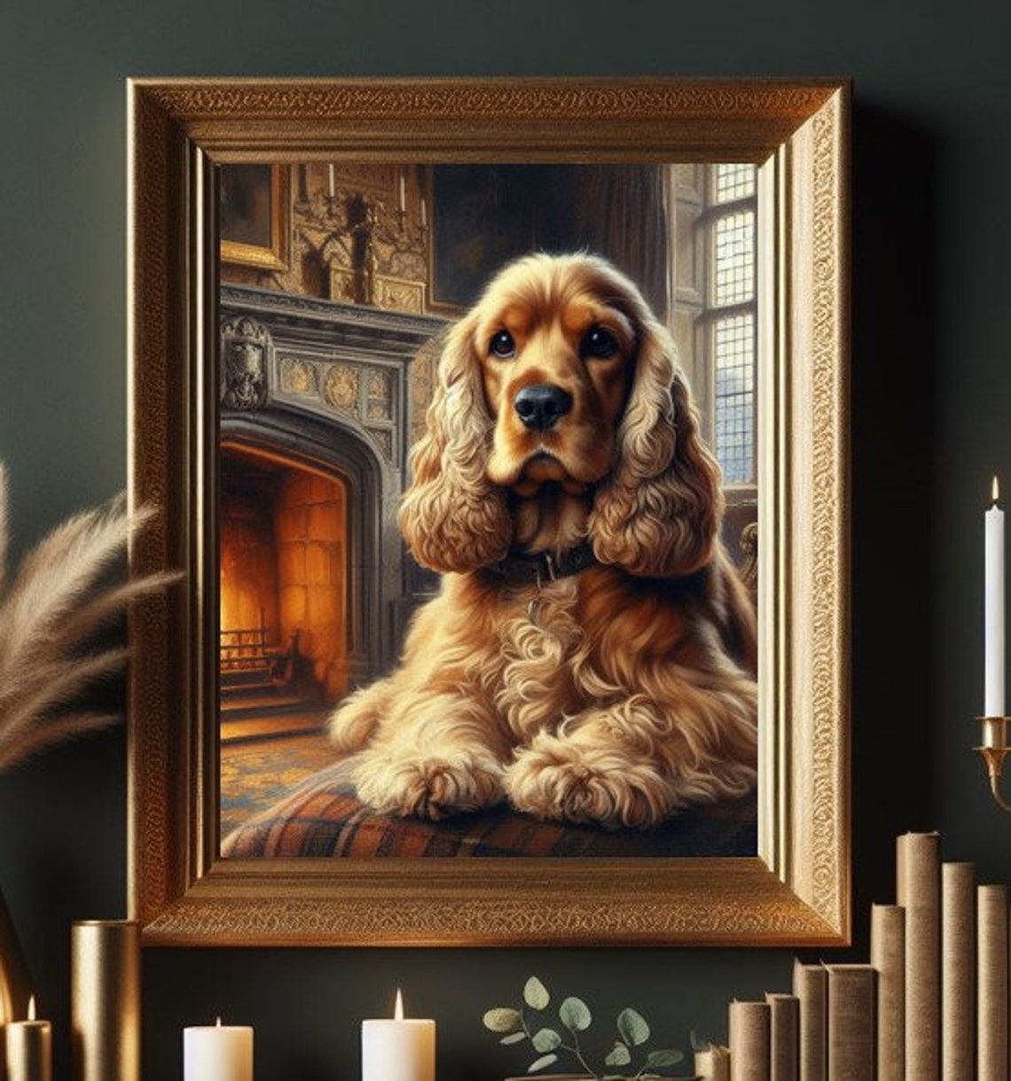 Golden Cocker Spaniel by Warm Fireplace Cozy Portrait Painting Print
