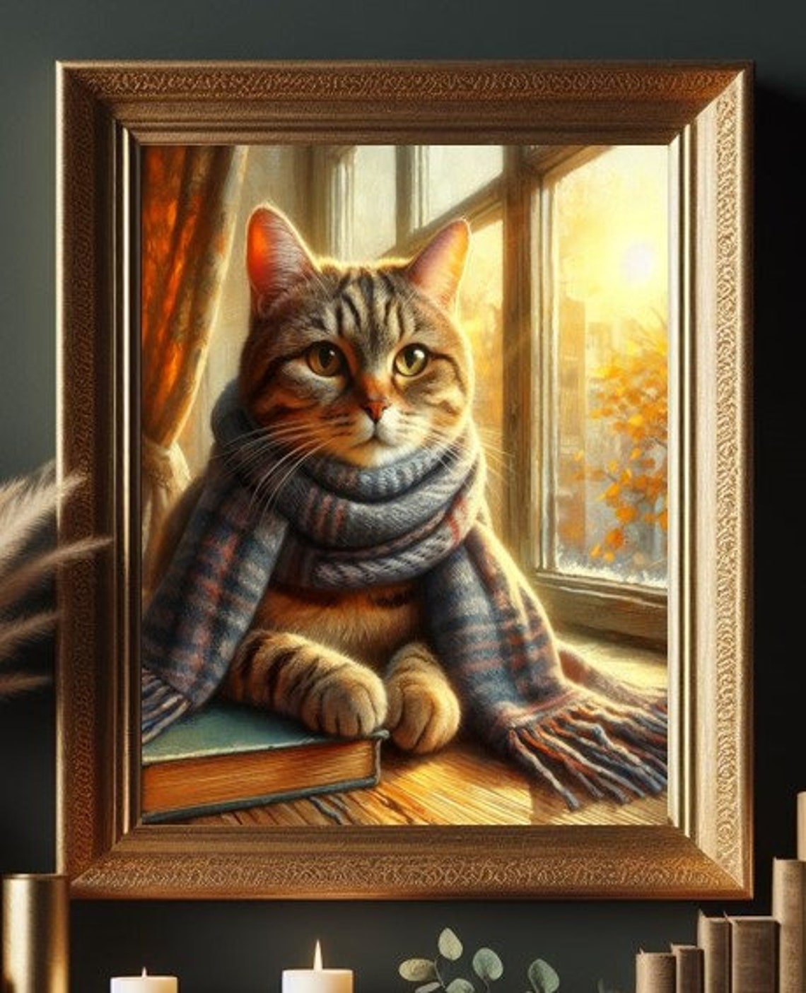 Cozy Tabby Cat in Plaid Scarf by Sunny Window with Book Poster