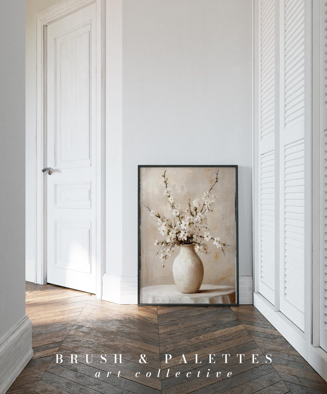 White Cherry Blossom in Vase Still Life Neutral Floral Wall Art - Image 3