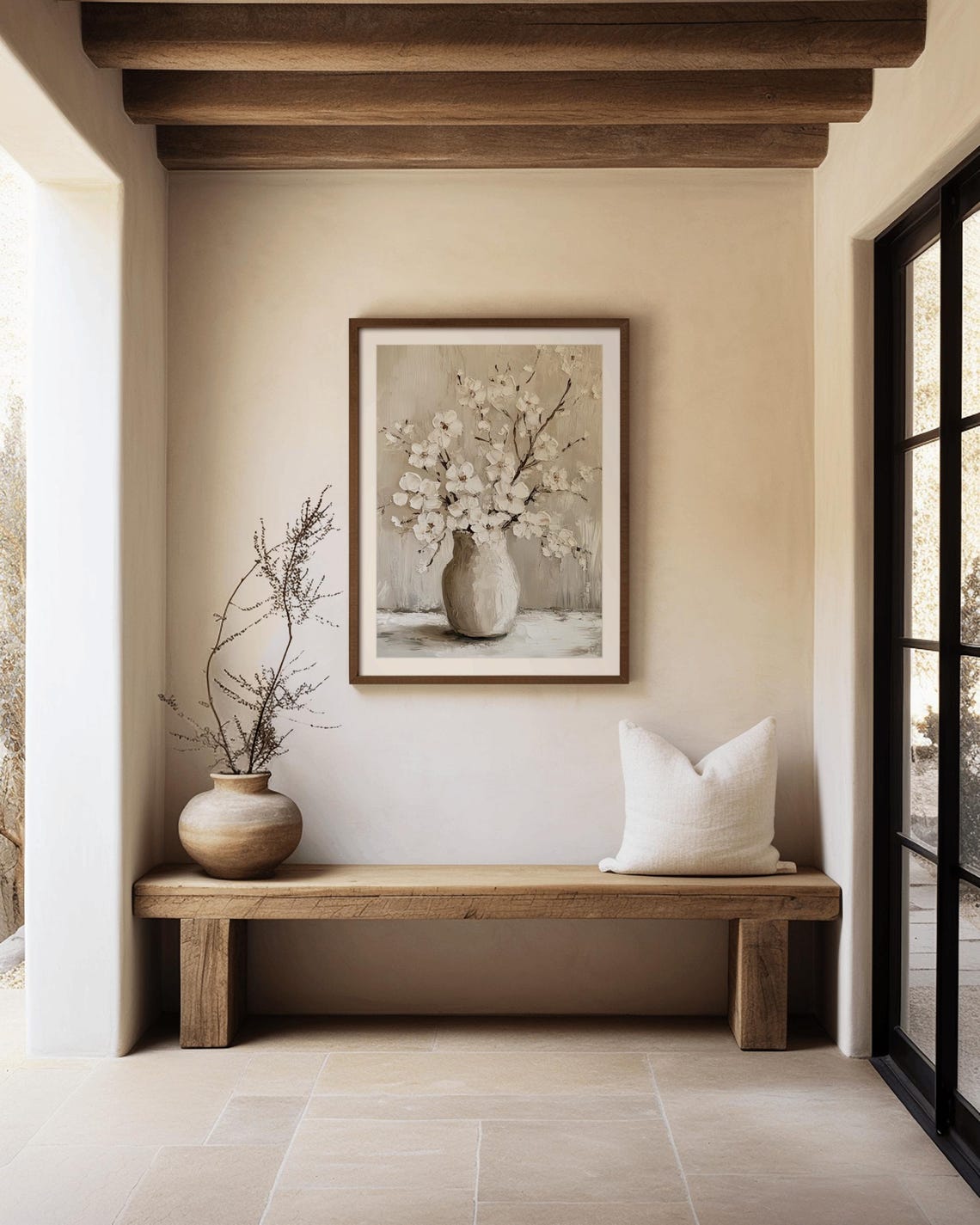 White Blossom Branches In Ceramic Vase Impasto Floral Art Poster - Image 2