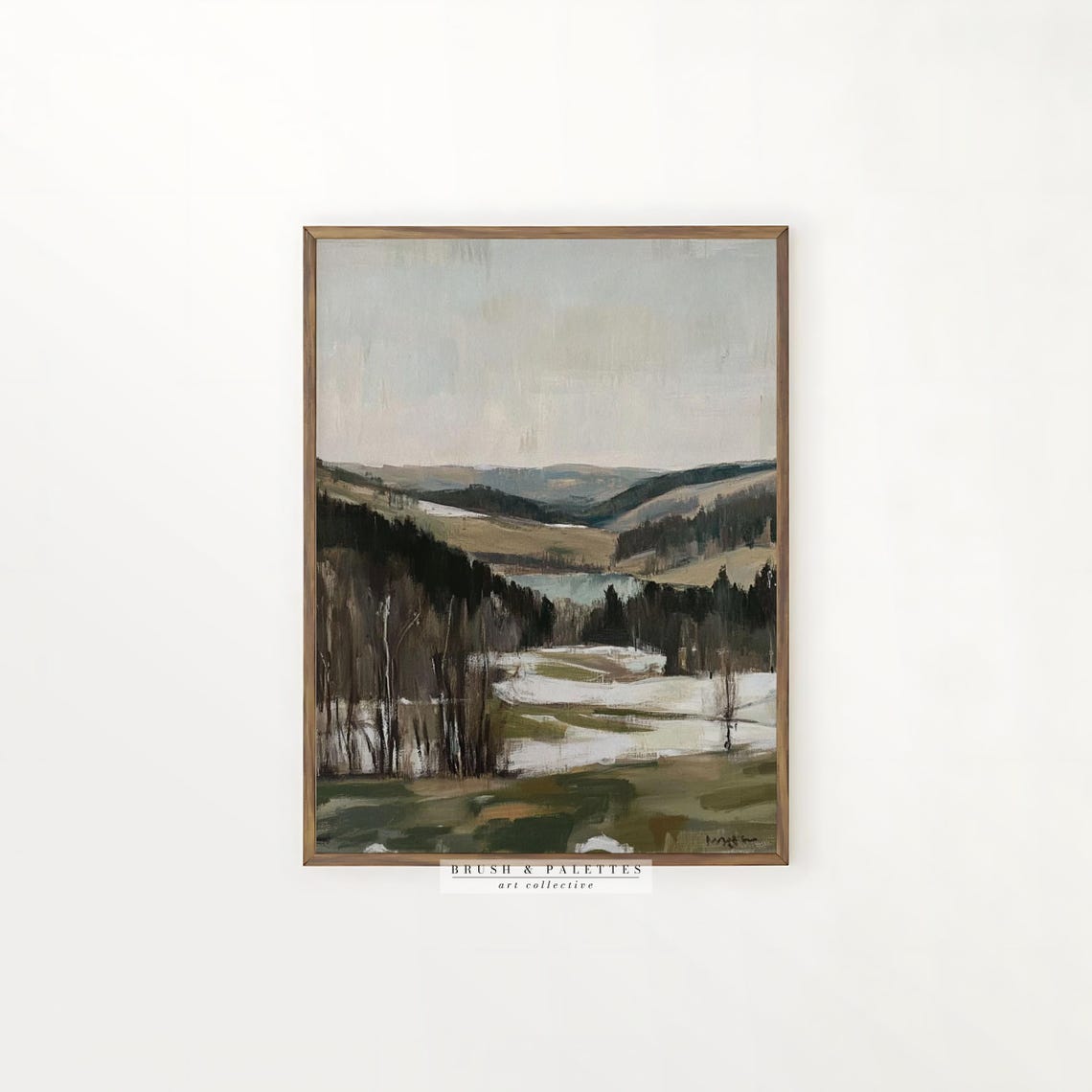 Snowy Winter Valley Dark Pine Forest Pale Sky Landscape Print - Image 2