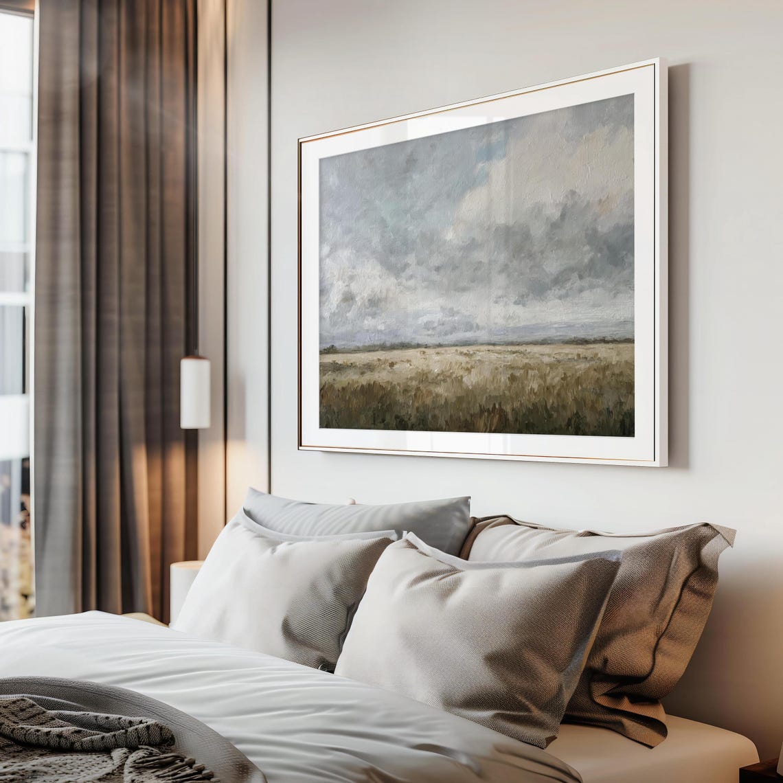 Open Field Under Cloudy Grey Sky Minimalist Oil Painting Poster - Image 2