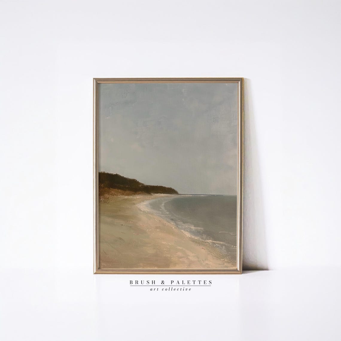 Muted Sandy Beach Gray Sea Minimalist Coastal Art Scene Poster