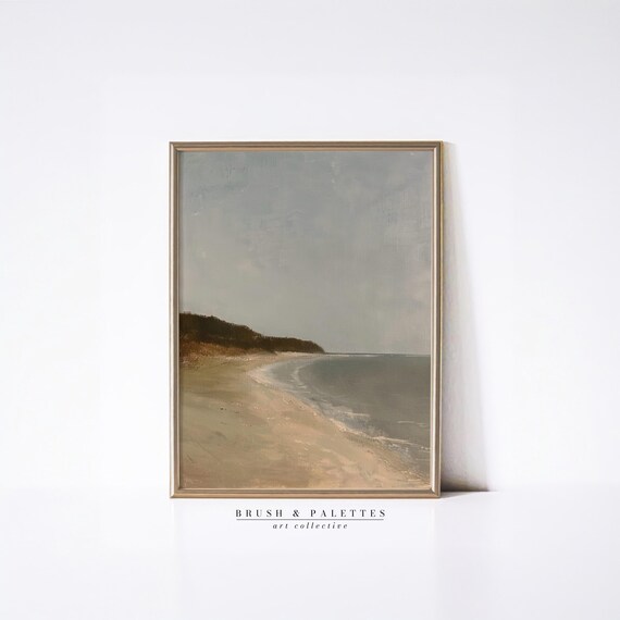 Muted Sandy Beach Gray Sea Minimalist Coastal Art Scene Poster