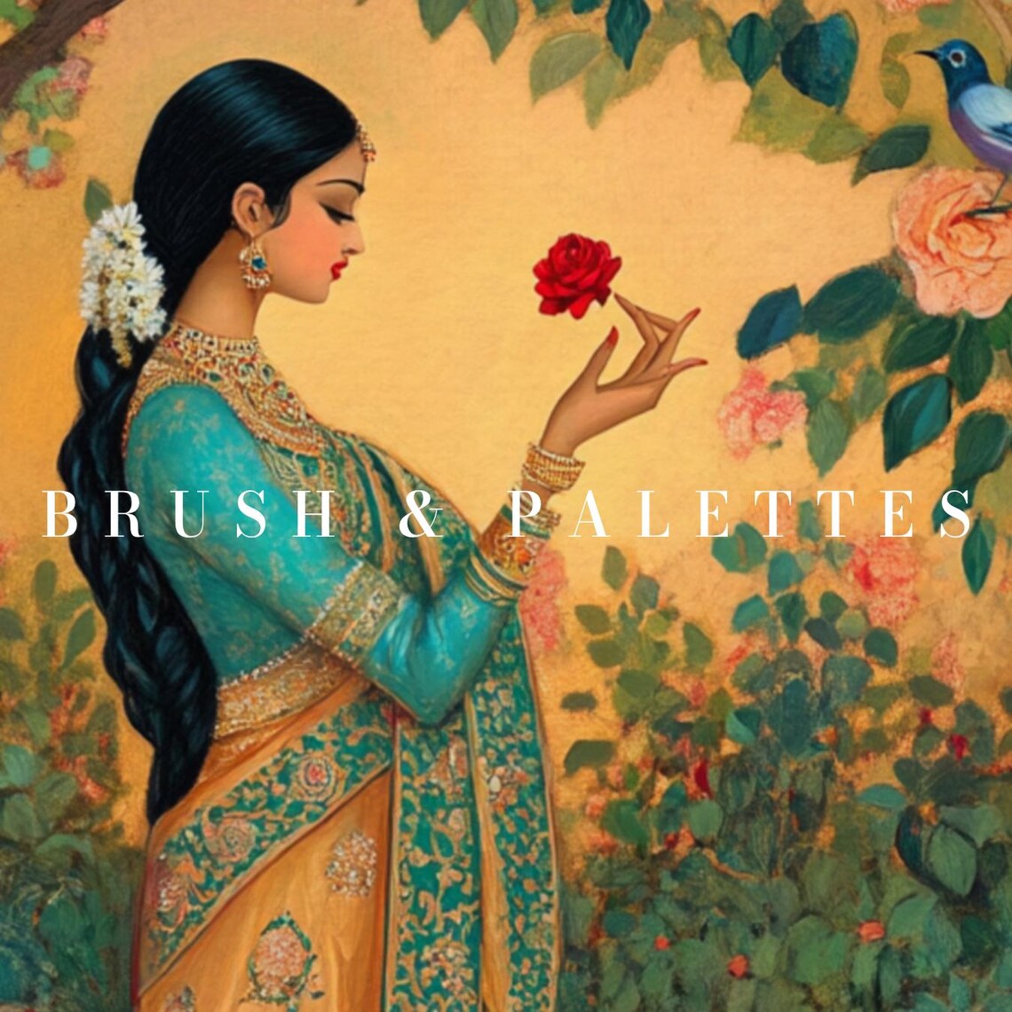 Indian Woman In Rose Garden Elegant Floral Triptych Art Print - Image 3