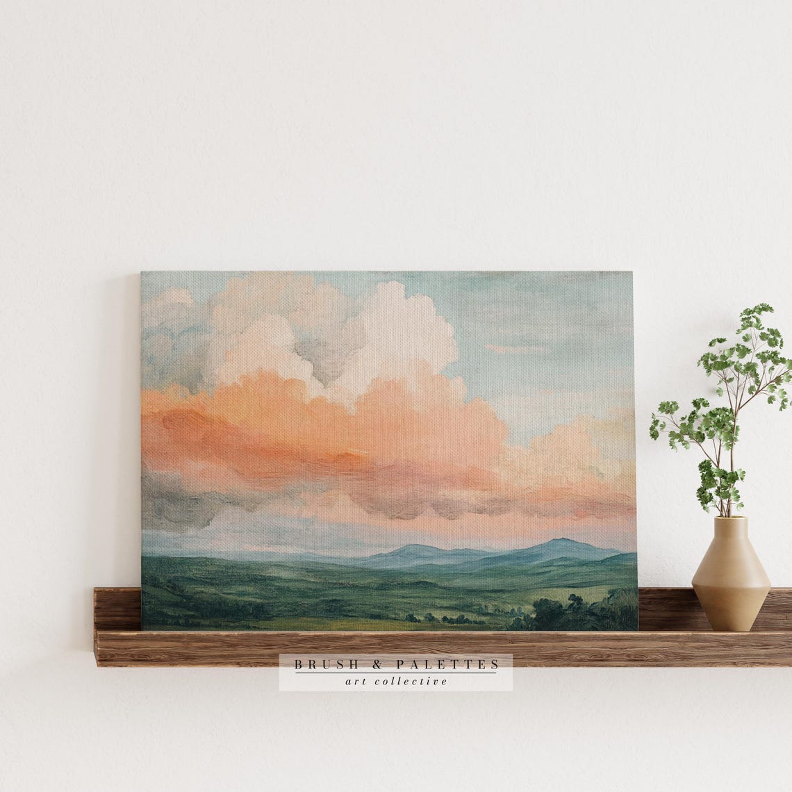 Peach Sunset Clouds Over Green Rolling Hills Landscape Print - Image 3