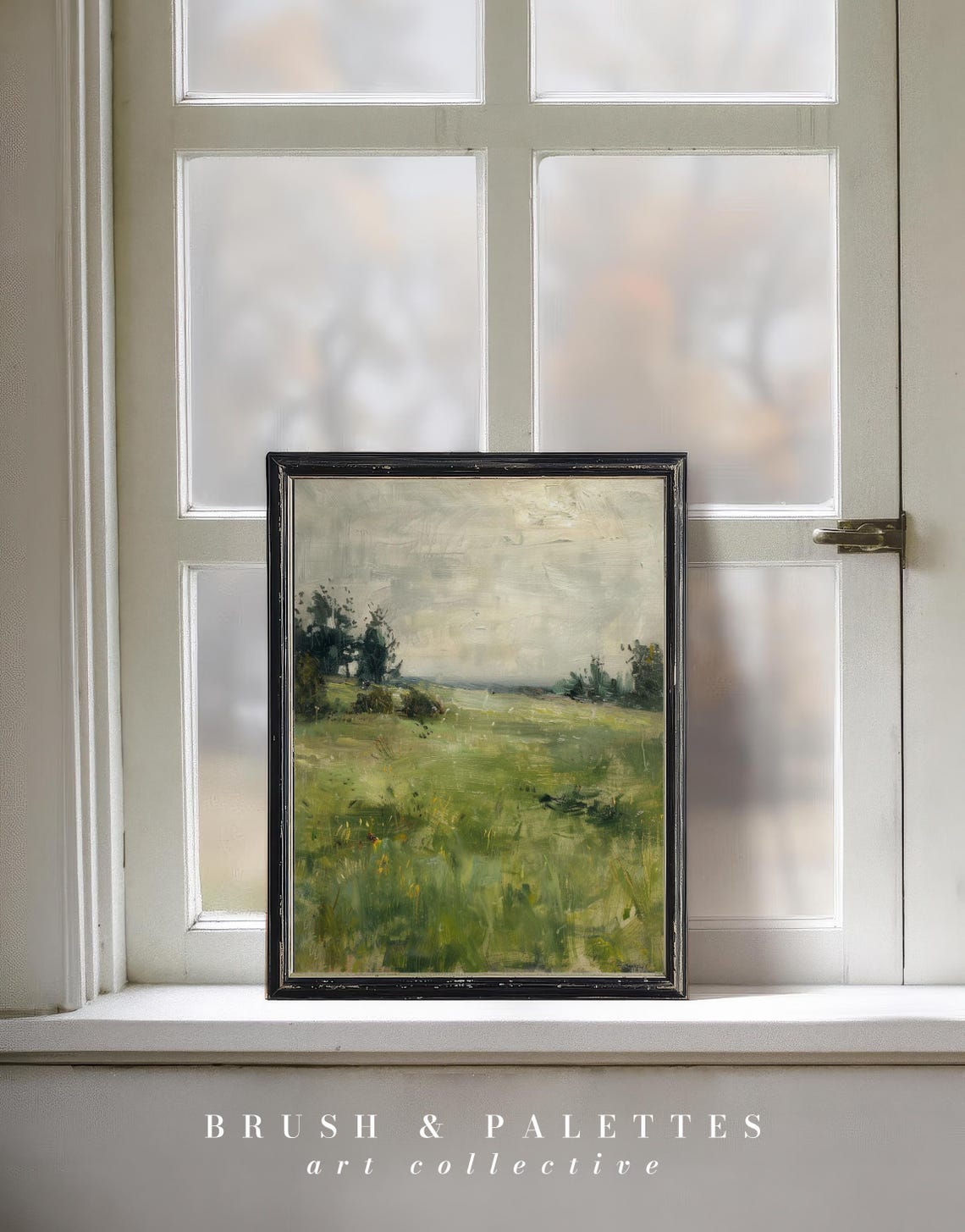 Green Meadow Trees Soft Clouds Impressionist Countryside Poster - Image 3