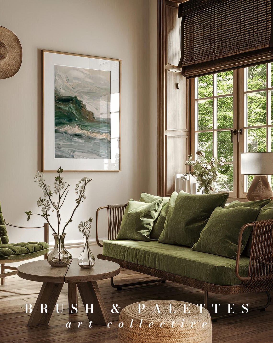 Sage Green Abstract Coastal Wave Painting Ocean Modern Wall Art - Image 3