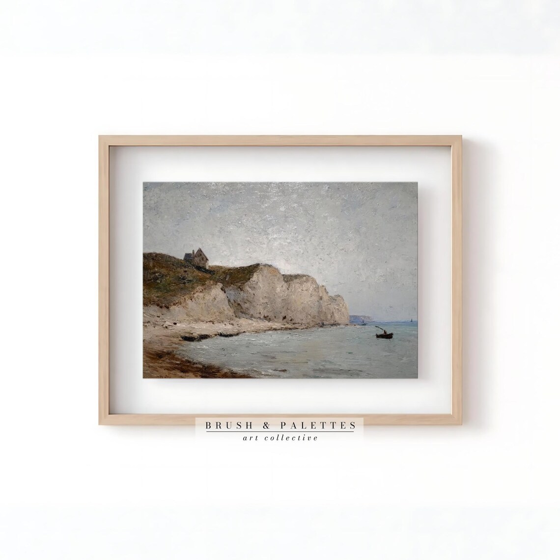White Chalk Cliffs Coast Cottage Boats Vintage Seascape Painting Poster - Image 2