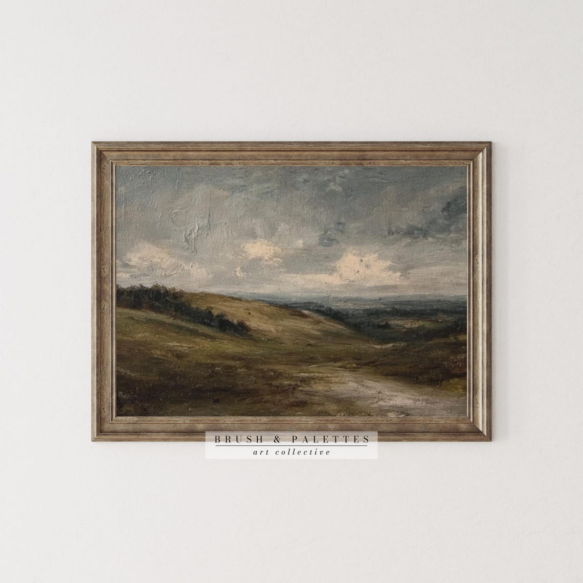 Dark Moody Rolling Hills Overcast Sky Vintage Oil Landscape Print - Image 3