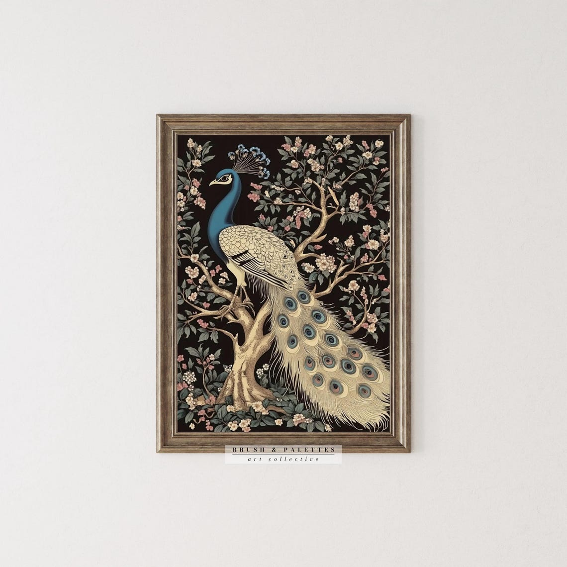 Peacock on Flowering Tree Dark Chinoiserie Style Bird Painting Poster - Image 2