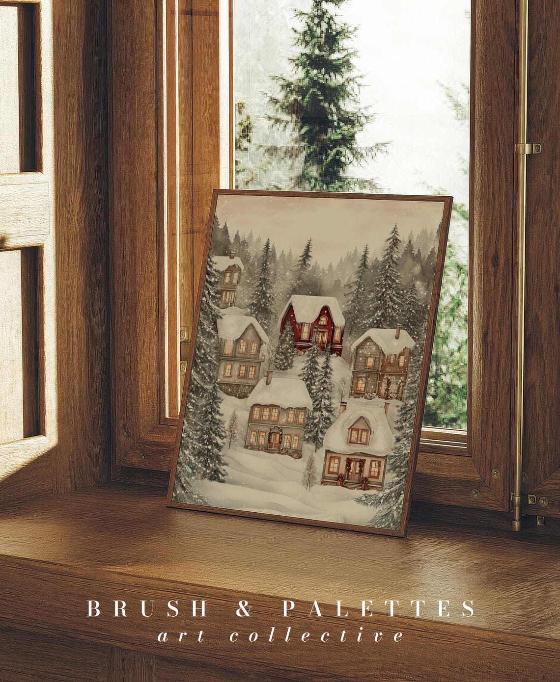 Snowy Christmas Village Cottages Winter Night Cozy Holiday Wall Art - Image 2