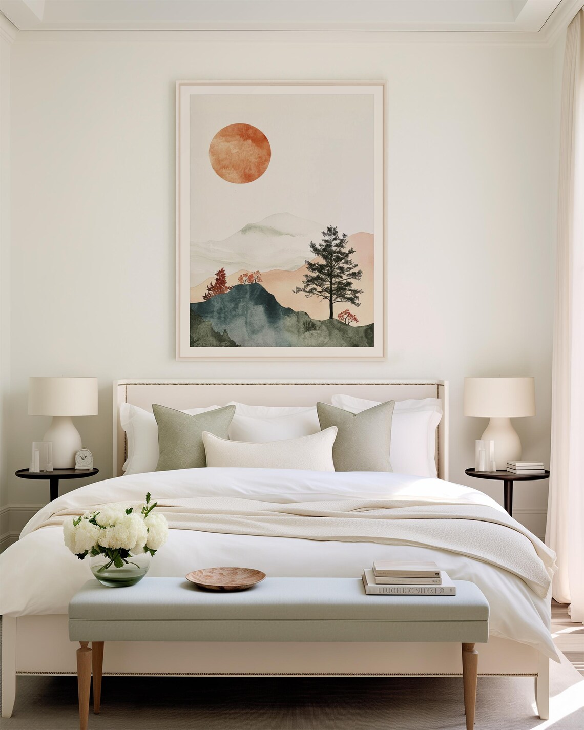 Minimalist Mountain Sun Painting Watercolor Pine Tree Landscape Print - Image 3