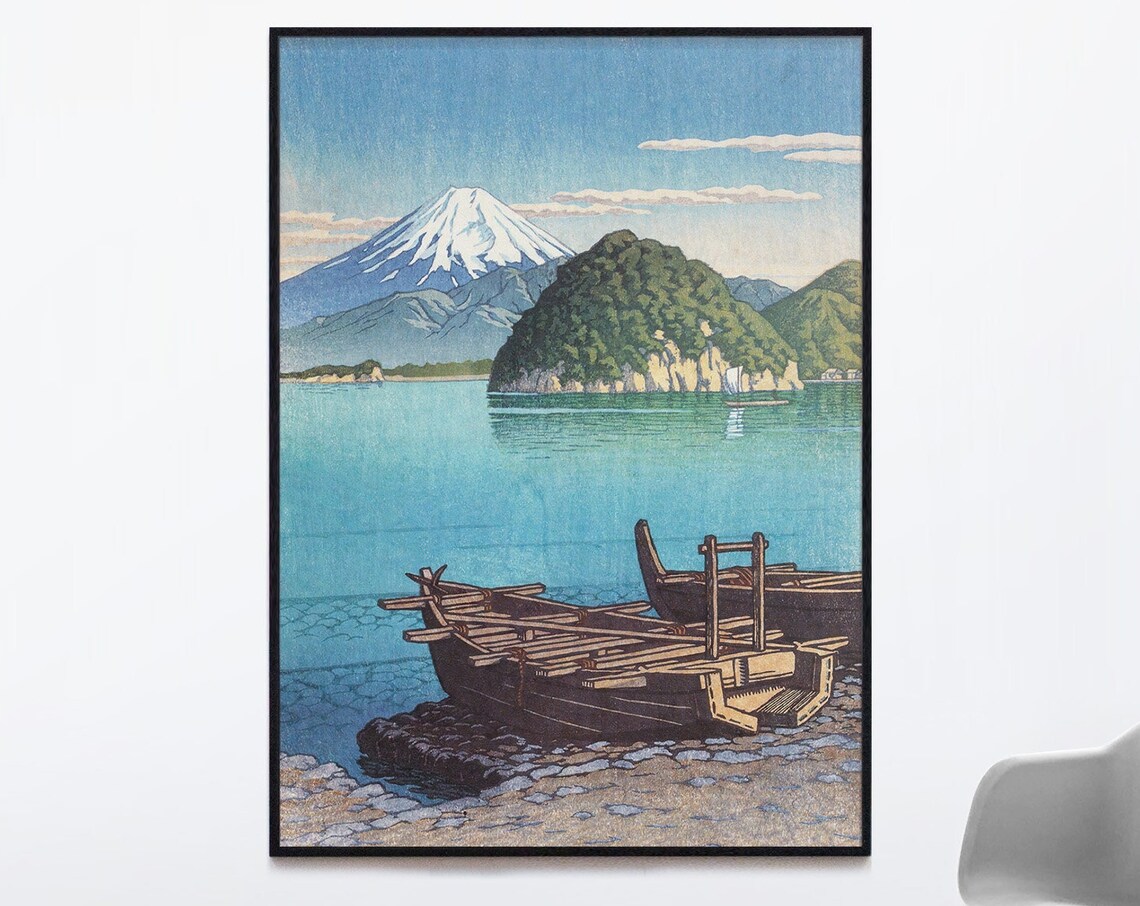 Mount Fuji Ukiyo-e Woodblock Style Coastal Boats Japan Travel Poster