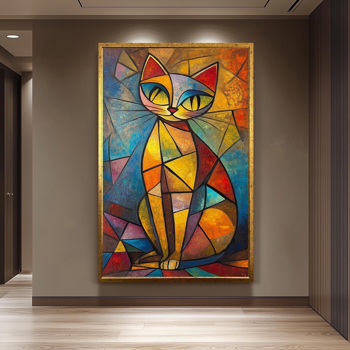 Cubist Geometric Cat Portrait Colorful Abstract Stained Glass Art Print