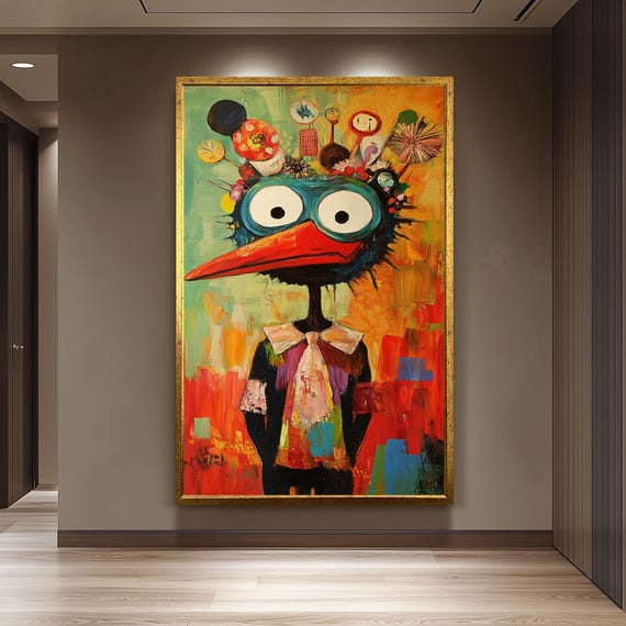 Quirky Colorful Bird Character Painting Whimsical Abstract Wall Art With Playful Expression Bright Contemporary Pop Surreal Canvas