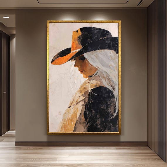 Abstract Western Cowgirl Oil Painting Woman With Long White Hair In Black And Orange Hat Rustic Textured Canvas Wall Art Print