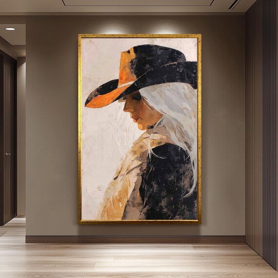 Cowgirl Profile in Orange Hat Abstract Western Oil Painting Poster