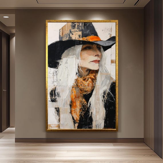 Abstract Oil Painting Of Western Woman Cowgirl, Art Print