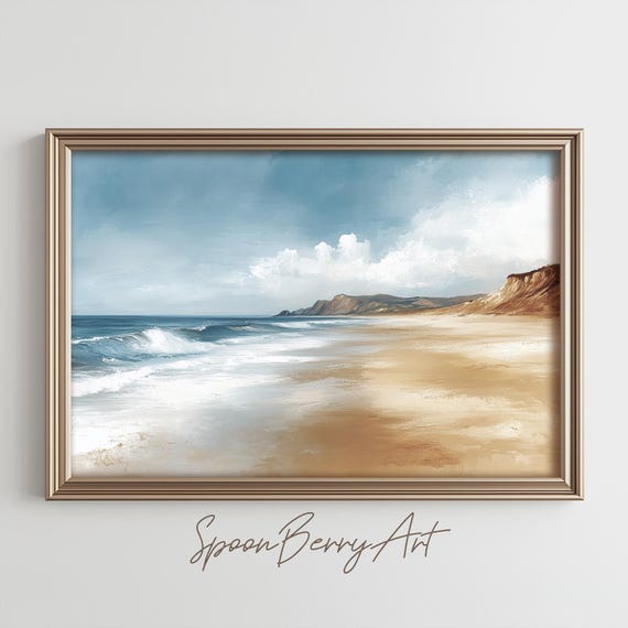 Sandy Beach Painting Moody Vintage Beach Wall Print Decor Nautical Wall Art Tropical Oil Painting Impressionism Art