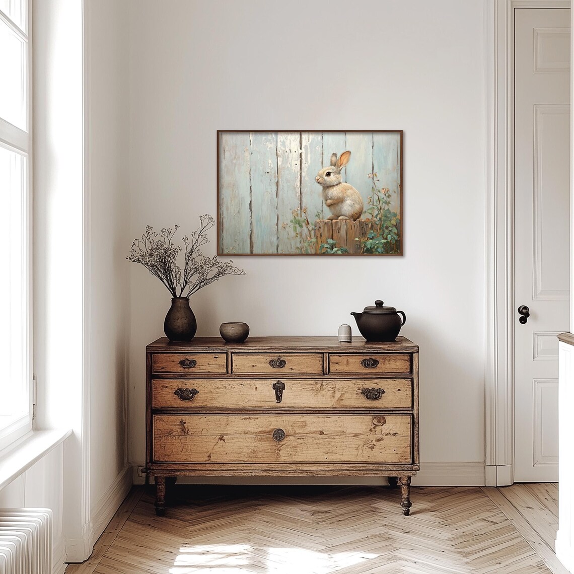 Little Bunny on Wooden Stump Country Farmhouse Nursery Poster - Image 3