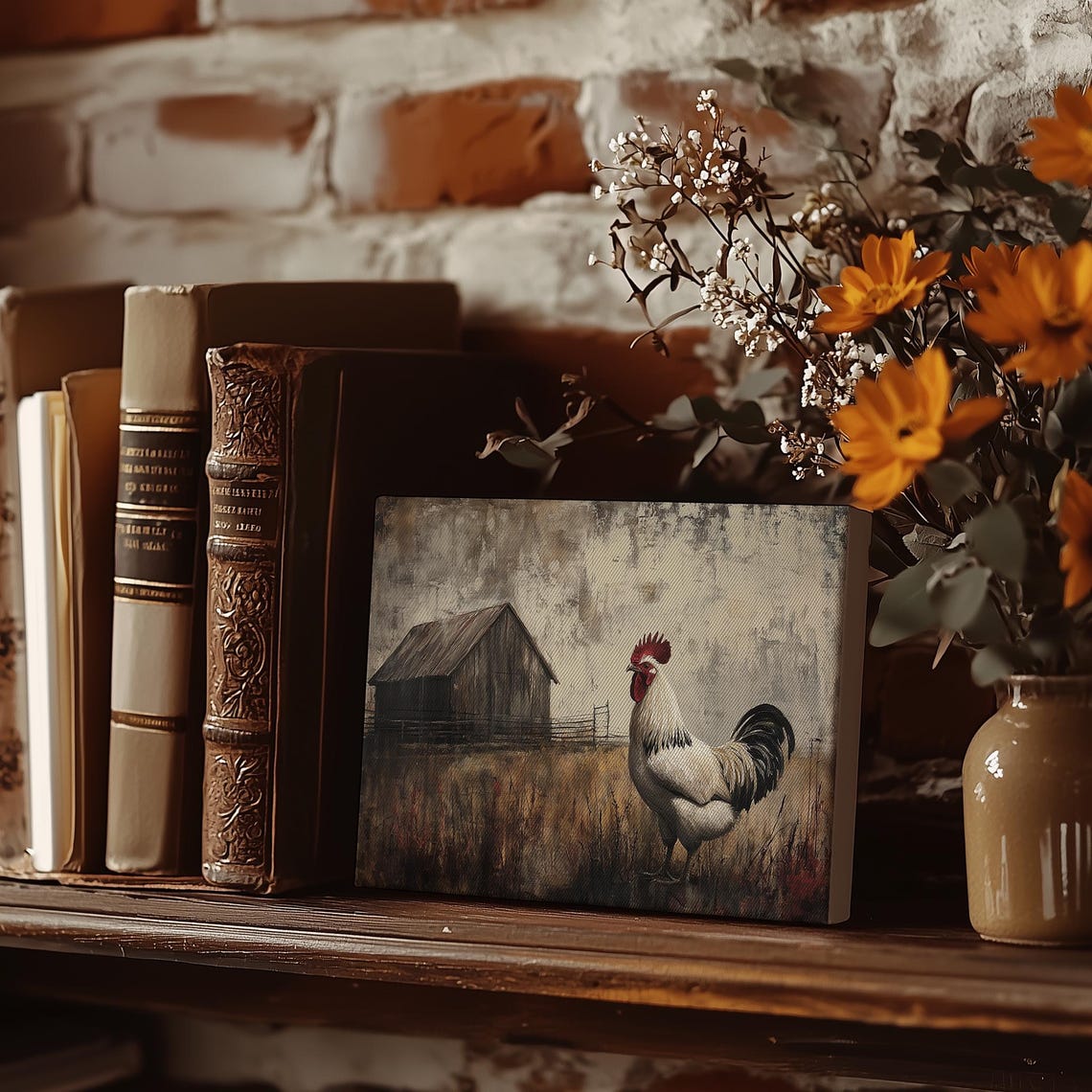 White Rooster Before Weathered Barn Moody Farmyard Oil Poster - Image 4