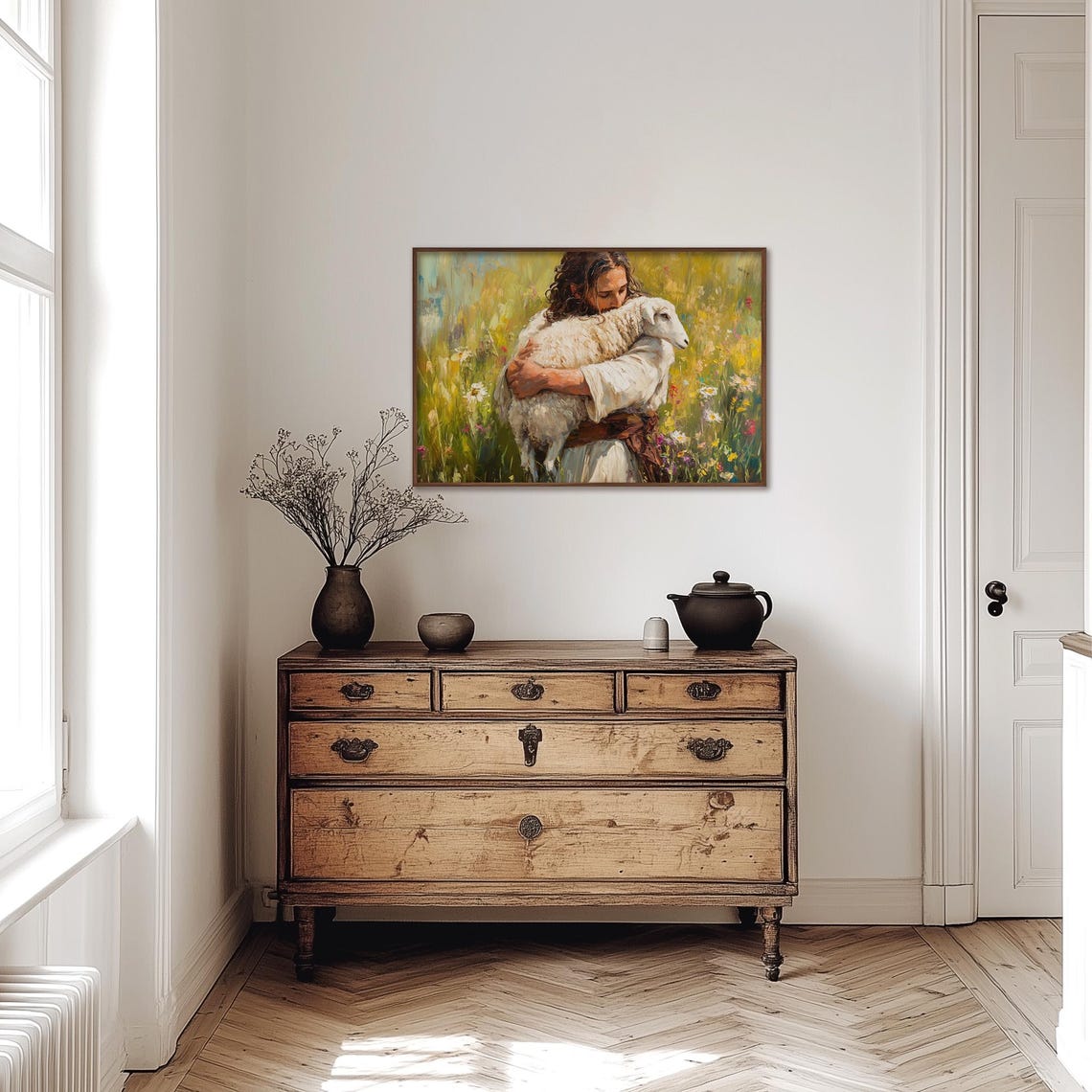 Jesus Holding A Lamb In Wildflower Field Religious Painting Poster - Image 4