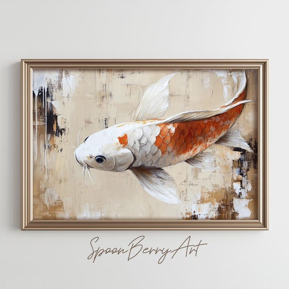 Koi Fish Painting Art Prints Vintage Wall Decor Rustic Moody Japanese Japandi Asian Chinoiserie Pond Calm Zen Landscape