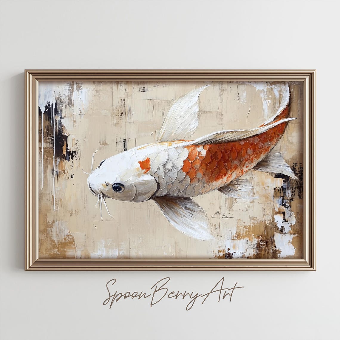 Orange and White Koi Fish in Impasto Abstract Waters Art Poster