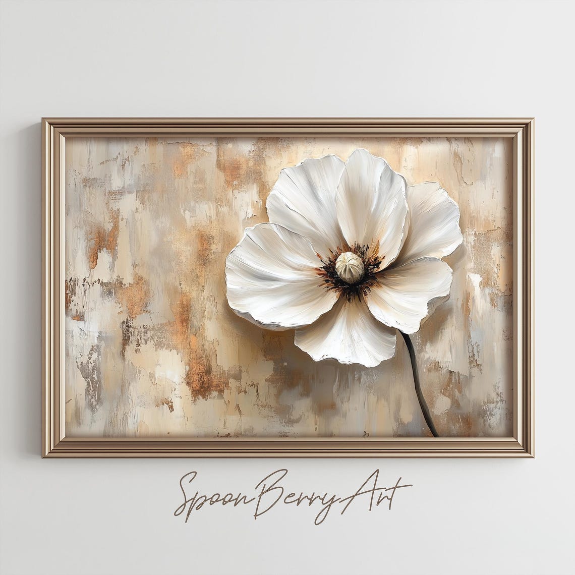 Large White Poppy Flower On Textured Beige Impasto Canvas Poster