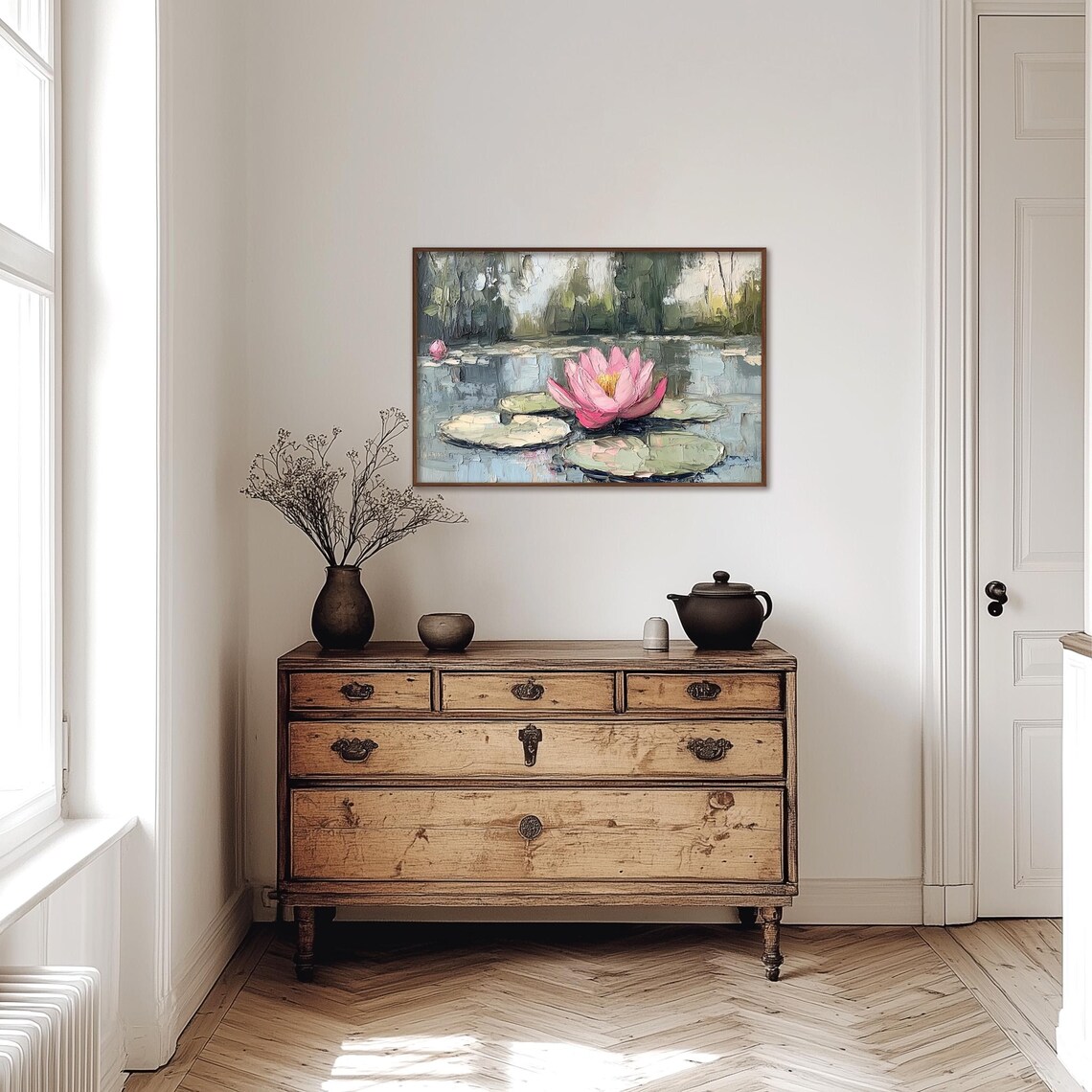 Pink Water Lily Floating On Lily Pads Impasto Oil Painting Poster - Image 4