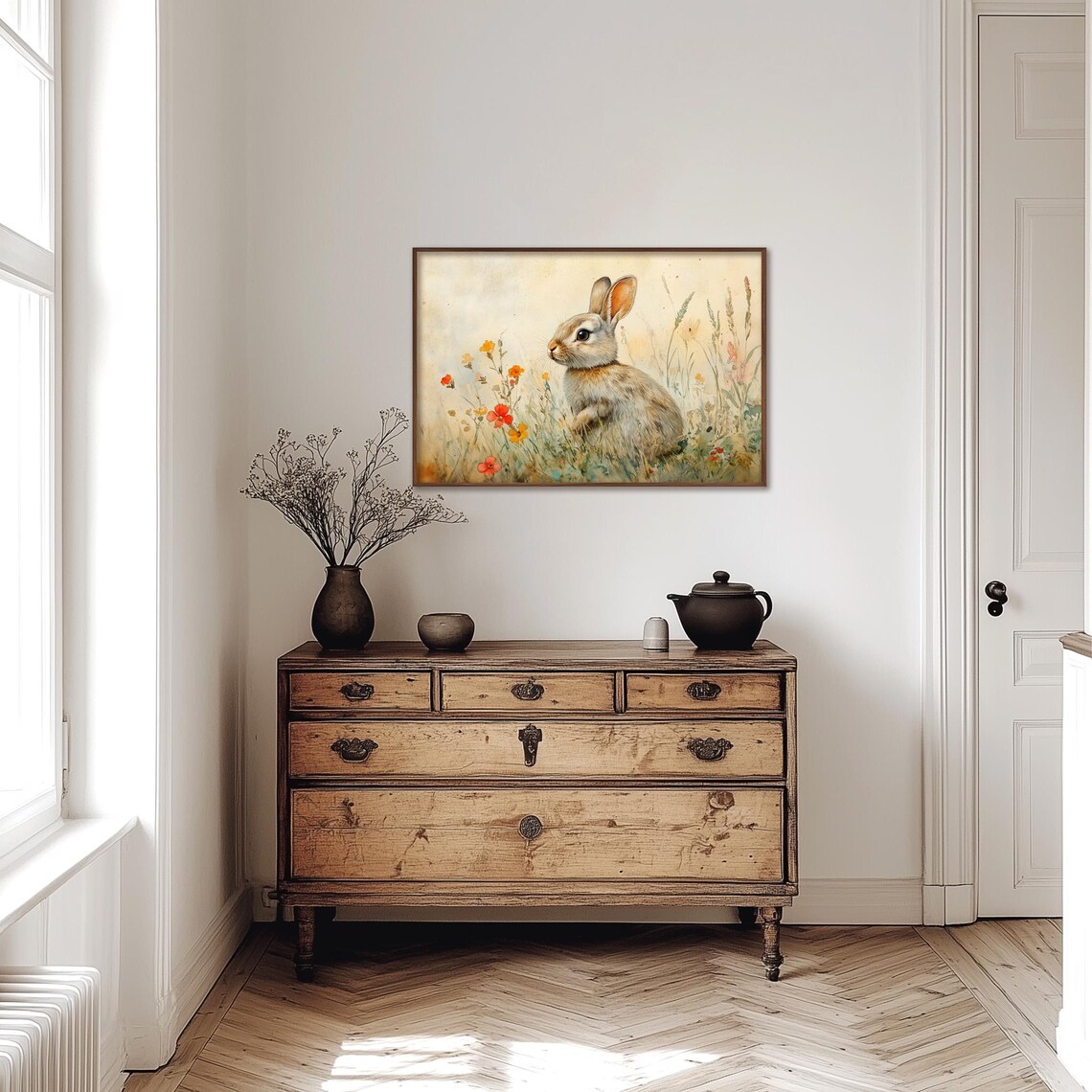 Cute Bunny In Blooming Meadow Of Red And Yellow Poppies Poster - Image 3