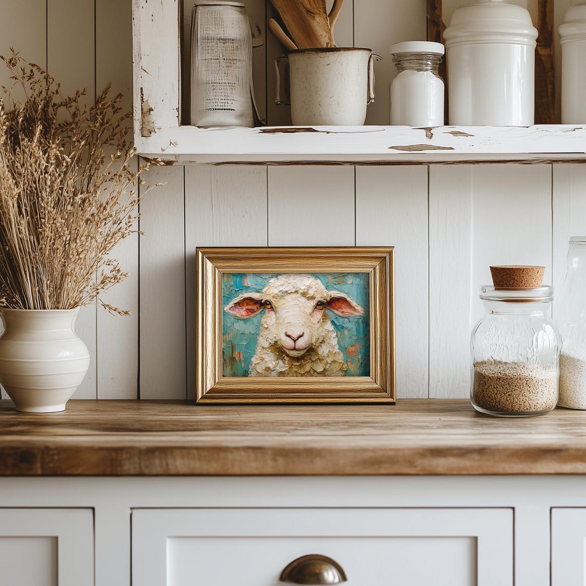 Smiling Sheep Face In Impasto On Turquoise Background Poster - Image 5