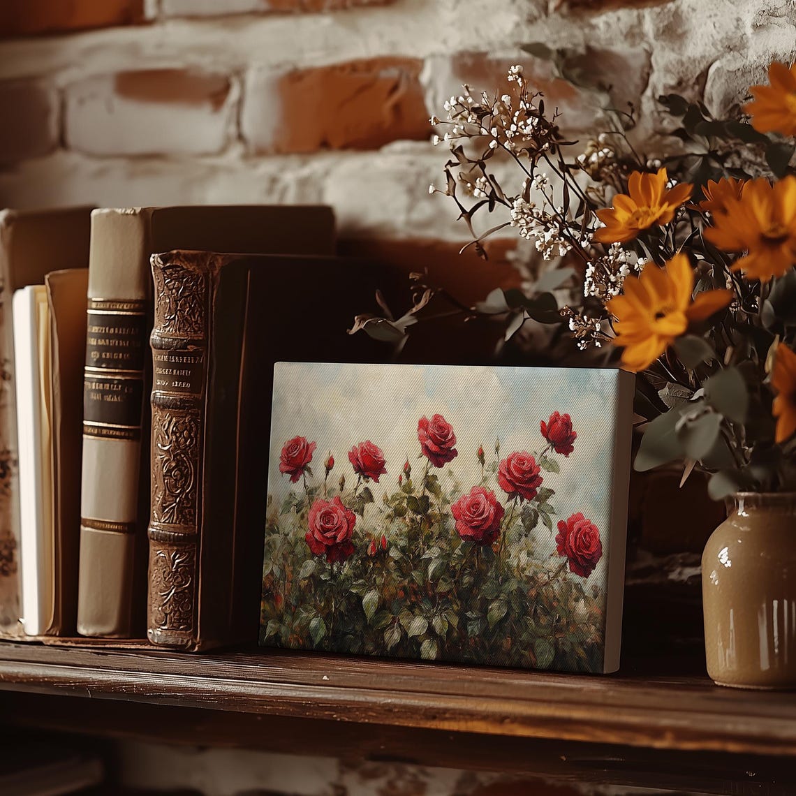 Red Rose Bush Blooming Profusely Against Bright Cloudy Sky Poster - Image 3