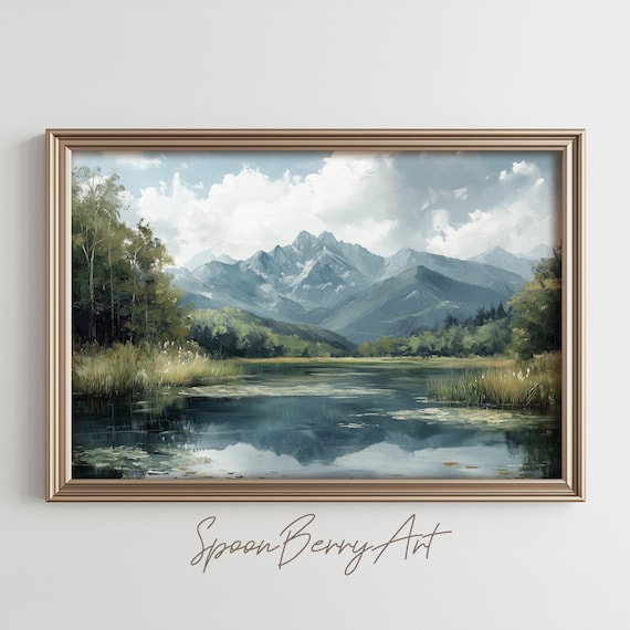 Lake Mountains Painting Instant Vintage Wall Decor Custom Art Print Oil Forest Lodge Landscape