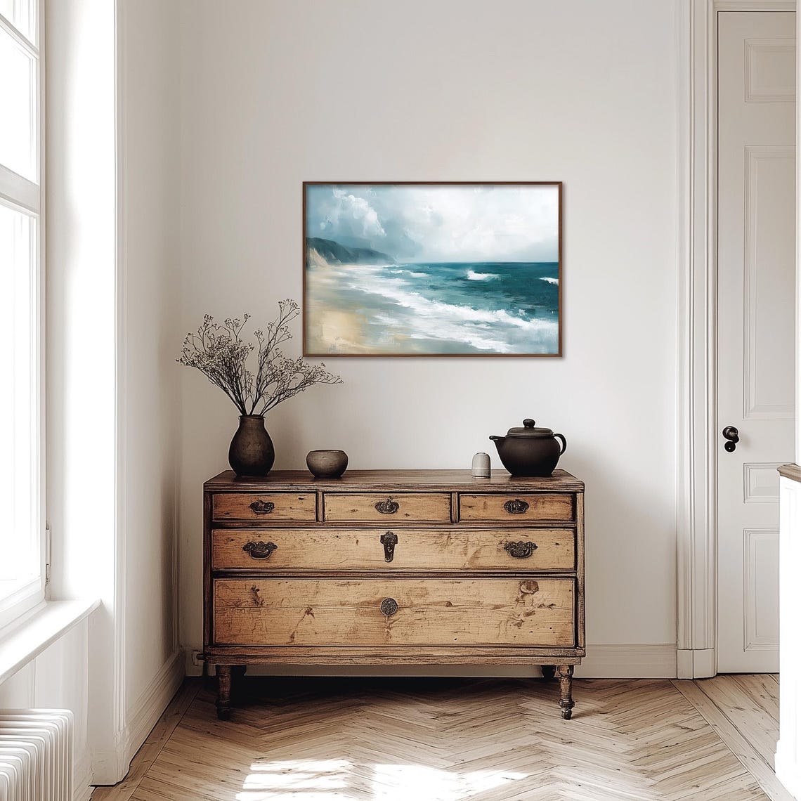 Misty Beach Waves Rolling Toward Rocky Cliffs Coastal Art Poster - Image 4