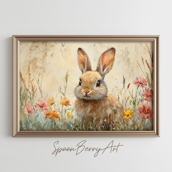 Easter Bunny Painting Moody Vintage Spring Wall Print Rabbit Print Wall Decor Easter Wall Art Bunny Oil Painting Art