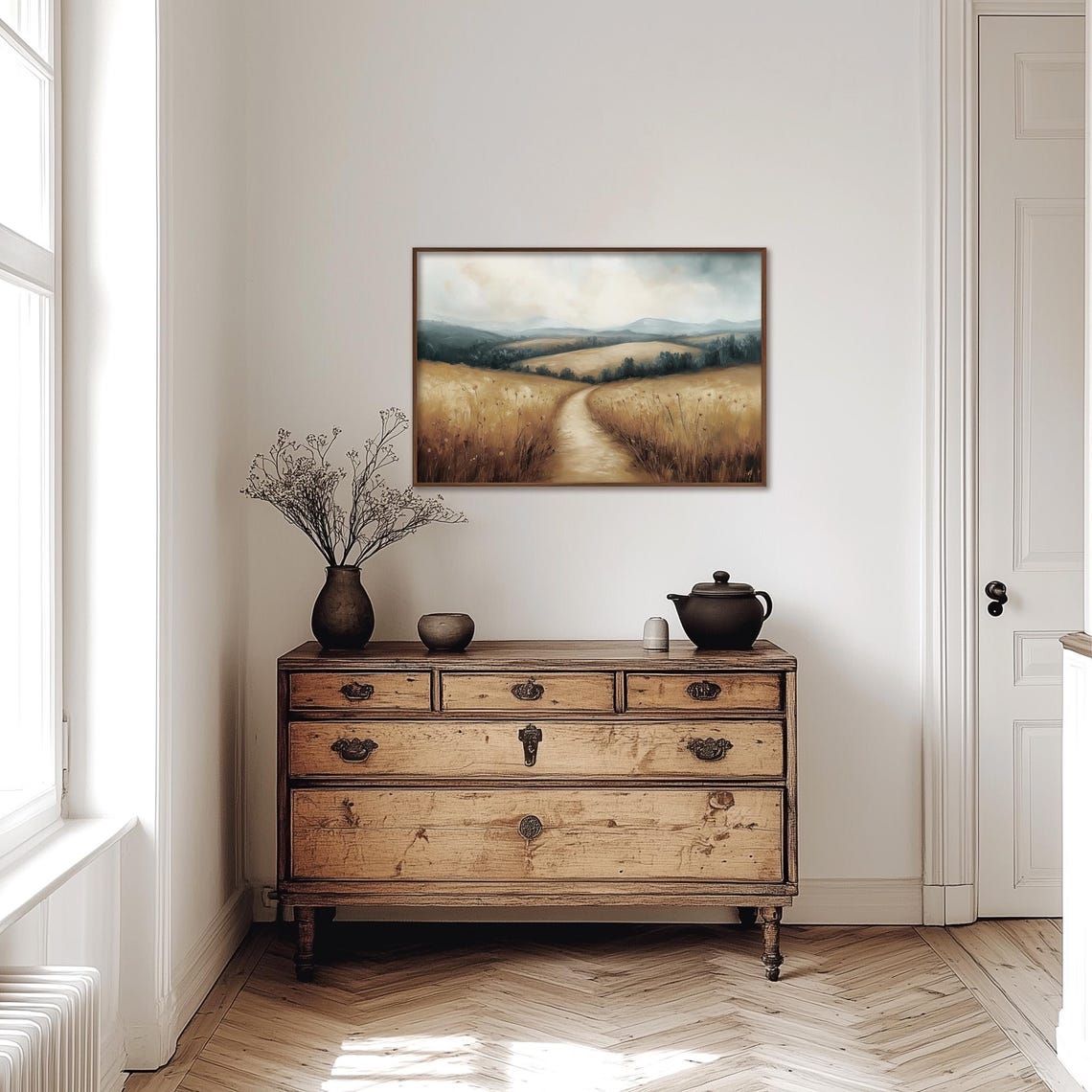 Misty Golden Wheat Field Dirt Path Between Rolling Hills Poster - Image 5