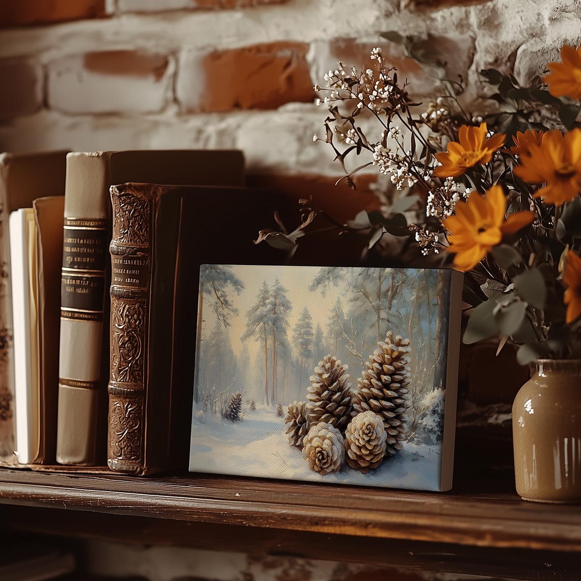 Snow Covered Pinecones In Misty Winter Forest Painting Poster - Image 4