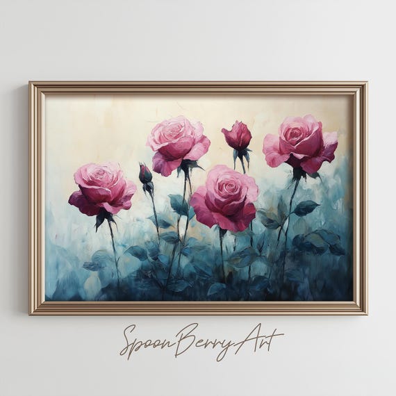 Roses Painting Vintage Pink Flowers Wall Print Flower Print Wall Decor Floral Wall Art Dark Moody Oil Painting Art