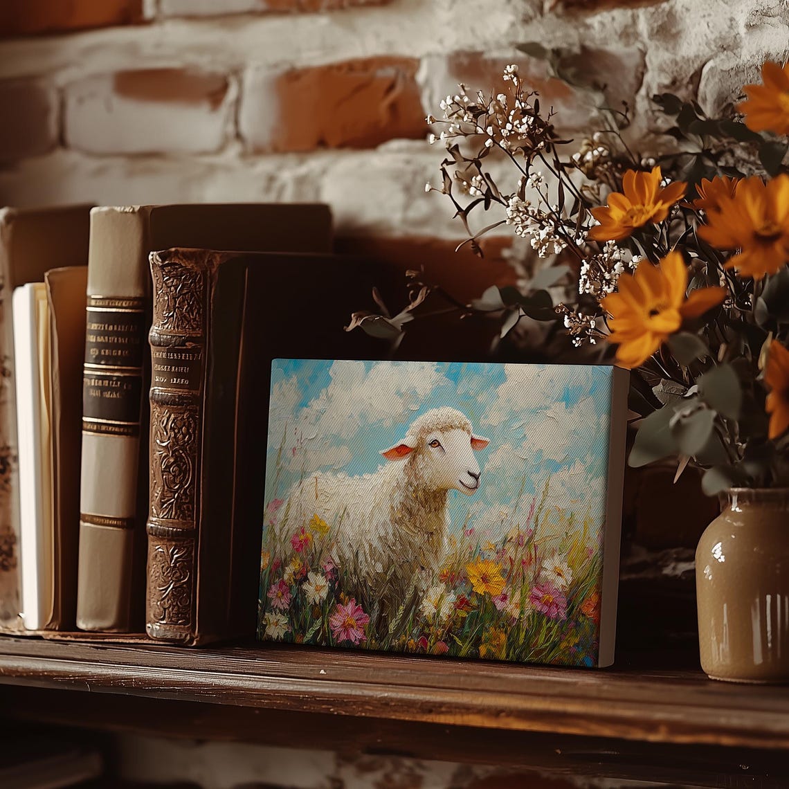 White Sheep In Colorful Wildflower Meadow Under Blue Sky Poster - Image 3