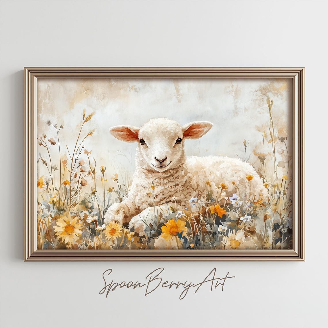 Lamb Resting In Soft Wildflower Meadow Gentle Watercolor Poster