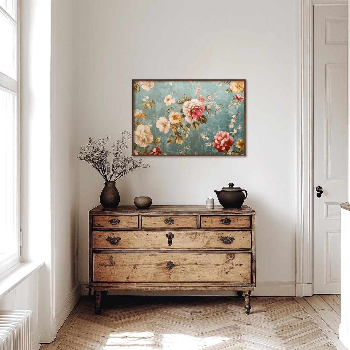 Vintage Teal Floral Pattern Blush Pink Peony Botanical Wall Art - Image 4